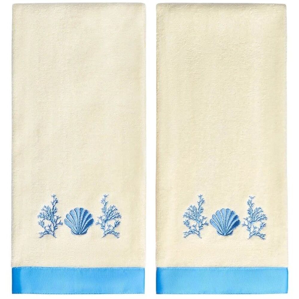 Coral Patch Hand Towels Blue Embroidered Scallop Shells Border on Cream Bath NEW